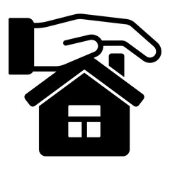 Poster - Hand on house solid icon, housing market concept. Vector graphics. Cottage building with hand sign on white background, glyph style mobile or design.