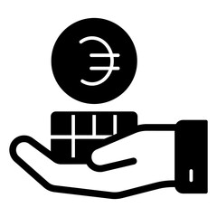 Poster - Coins stacked on hand solid icon, finance concept. Vector graphics. Hand palm with coins, money sign on white background, glyph style mobile or design.