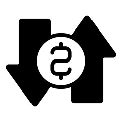 Poster - Exchange arrows with coin solid icon, financial advice concept. Vector graphics. Income and money spending, movement sign on white background, glyph style mobile or design.
