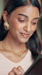 Aufkleber - Business, smile and woman with tablet, funny and message with creative project. Person, employee and consultant with technology, communication and digital app for online reading, laugh and web design