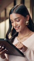 Aufkleber - Business, smile and woman with tablet, connection and message with communication. Person, employee and consultant with tech, internet and digital app for online reading, social media and website info