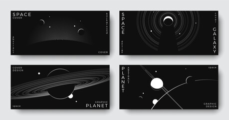 Wall Mural - set of abstract space horizontal backgrounds. line art galaxy, solar system, planet, black hole. sci