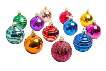 a vibrant collection of colorful christmas ornaments arranged artistically on a light surface for fe