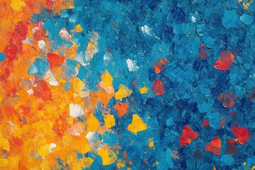 Poster - Vibrant abstract noise texture in blue, orange, red, and yellow hues ideal for summer-themed marketing materials, eye-catching displays, and inspiring projects for design lovers and creatives