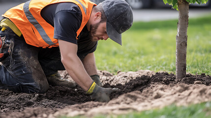 Wall Mural - Landscaper planting a new tree in a commercial property landscape. Featuring landscaping and tree planting