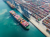 Aerial view of Manufacturing logistics cargo container ship at ship port.export import business logistic international.