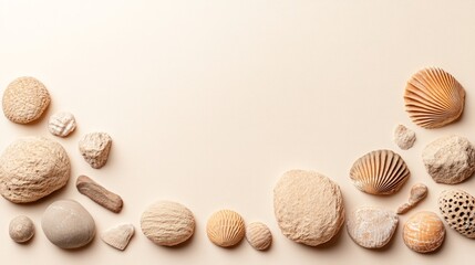Poster - A beautiful arrangement of stones and seashells against a neutral background, highlighting natural textures and earthy tones of desert landscapes