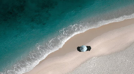 Fototapete - Bird’s eye view of a white sand beach with a single umbrella
