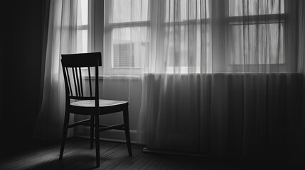 Poster - Empty chair next to a window with sheer curtains