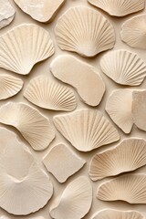Poster - Delicate shells with intricate patterns create a soothing visual display on a neutral backdrop, ideal for coastal-themed design projects and artistic uses