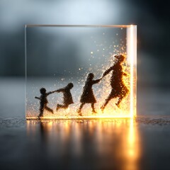 Poster - Escaping into the light: A family's silhouette leaping forward from darkness to a brighter future in a glass cube.