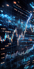 Poster - Visualize the dynamic world of finance with this graphic representation of stock market trends, showcasing rising values and digital data analysis to illustrate economic fluctuations.