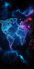Poster - This vibrant digital artwork illustrates a world map illuminated by intricate networks of light, symbolizing global connectivity and technological advancements in a cosmic setting.