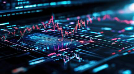 Poster - A vibrant digital representation of stock market trends, showcasing fluctuating price movements and captivating color contrasts.