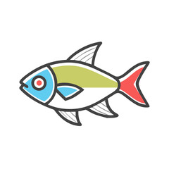 Poster - A Colorful Stylized Cartoon Fish Illustration with Red Tail Fin and Blue Eye