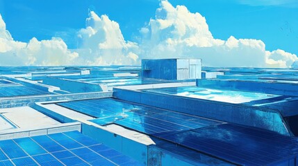 Poster - Elevated rooftop cityscape with blue panels