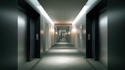  Modern Elevator doors of office or hotel hallway,holiday season decor with christmas tree,Lobby interior, corridor in house with lift,marble elegant lift for passenger or cargo elevators,copy space.