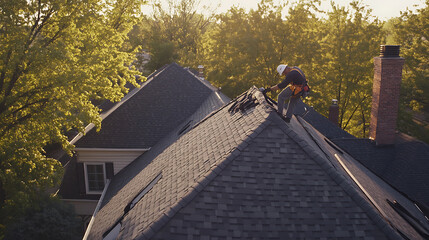 Wall Mural - Roofing crew replacing old shingles on a residential home. Featuring roofing and roof repairs