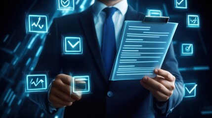 Poster - businessman reviewing digital document with various checks and symbols