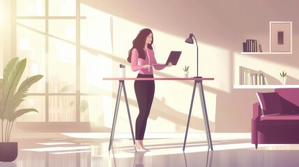 Poster - Woman working on a standing desk in a bright, modern home office.