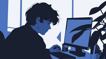 Poster - Silhouette of a person working at a computer in a muted blue setting.