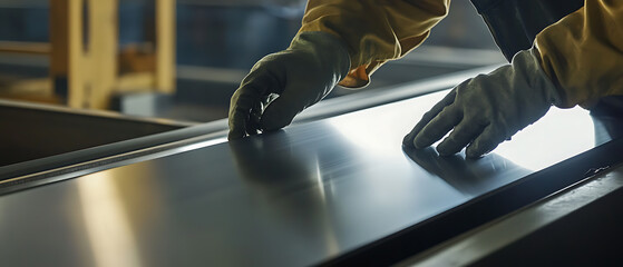 Wall Mural - Sheet metal worker shaping aluminum panels in a fabrication shop. Featuring precision and engineering