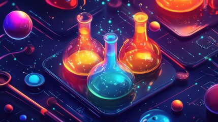 Poster - Three colorful beakers are on a plate with spheres on a digital surface. Use for scientific research, chemistry, or future technology concepts.