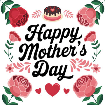  Happy mother's day typography  set of roses red and pink 