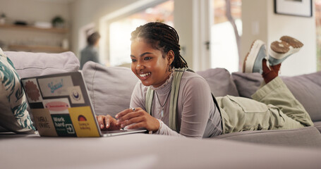 Aufkleber - Home, student and woman on couch, laptop and university with elearning, email for project and assignment results. Relax, college task and person on sofa, pc and research for scholarship and knowledge
