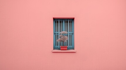 Aufkleber - Single window on a flat pastel pink wall