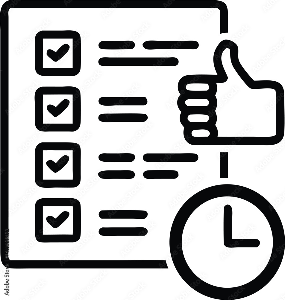 Checklist with Checkmarks, Thumbs Up, and Clock Icon in Outline Style ...