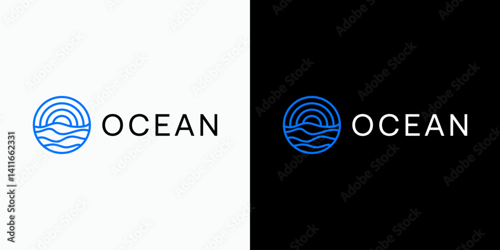 Ocean wave and sun line vector logo design with modern, simple, clean ...