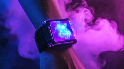 Poster - Futuristic wristwatch, illuminated by vibrant lights, enveloped in smoky haze.