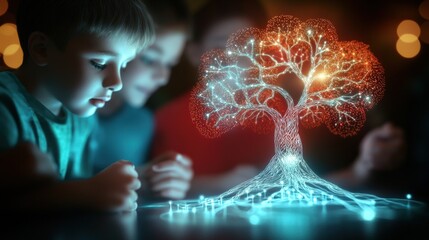 Poster - Children engaging with interactive holographic tree indoor space digital art learning environment close-up view imagination and technology