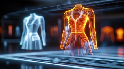 Poster - Innovative fashion design showcase digital studio 3d dress models futuristic environment virtual perspective trend exploration