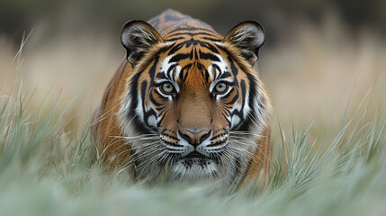 Wall Mural - bengal tiger emerging from grasslands with intense gaze