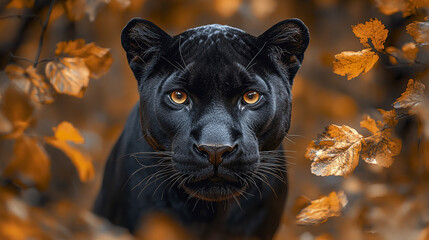 Wall Mural - black panther with sleek coat and piercing eyes among autumn leaves