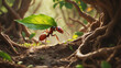 © Y.a.o.W - A determined ant struggles to carry a large, vibrant green leaf across a complex trail of twisted roots conveying a sense of persistence and problem solving