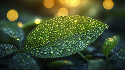 Wall Mural - vibrant green leaf with shimmering water droplets in soft focus