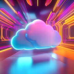 Poster - Digital Cloud in Neon Space: A vibrant digital rendering of a cloud floats within a futuristic neon-lit space, evoking a sense of technological advancement and virtual connectivity.