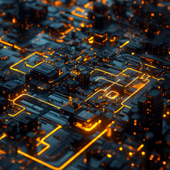 Poster - Digital Matrix: An intricate, futuristic cityscape, showcasing glowing data streams and a network of interconnected structures, symbolizing technological advancement and the digital world.