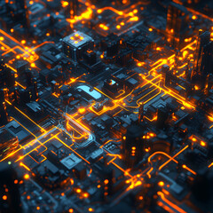Poster - Abstract Cityscape of Innovation: A mesmerizing top-down view of a futuristic cityscape illuminated by glowing orange circuits, symbolizing the dynamic connections and innovation.