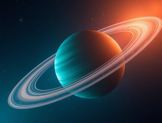 Wall Mural - a stylized depiction of a planet with rings, reminiscent of saturn, set against a deep blue cosmic b
