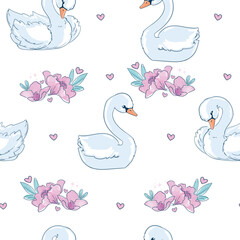 Fototapete - Hand Drawn Vector swan seamless pattern,  background with cute bird swan design fabric print 