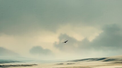 Poster - Soft beige horizon with one black bird in flight