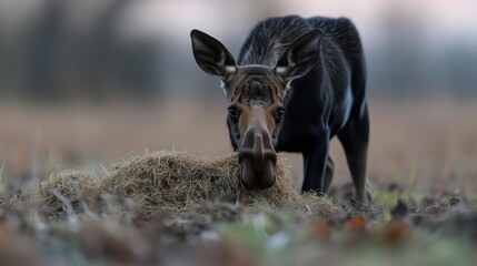Poster - A close up shot showcases a dark brown moose amidst a field of dry grass. Its head is lowered, grazing near a mound of light brown grass. The foreground and background, blurred with a bokeh effect