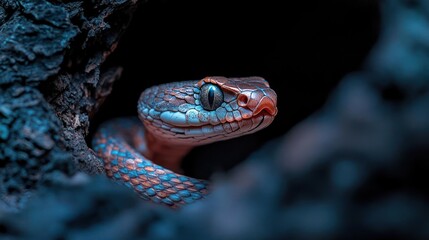 Poster - A close-up showcases a snake emerging from a tree hollow, its textured scales and intense gaze capturing a moment of wildlife interaction. The blue light enhances the animal's form and its