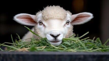 Poster - A close-up shot showcases a lamb with a fluffy white coat, peering over a pile of vibrant green grass. The lamb's face is centered, drawing attention to its soft features and innocent gaze against a