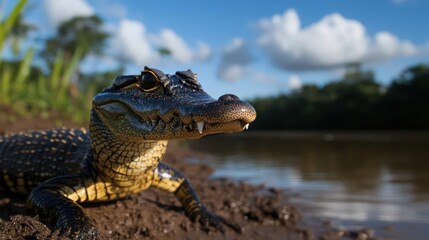 Aufkleber - A close-up captures a caiman on the muddy bank of a river, with its textured dark scales highlighted by golden undersides. The serene river reflects the blue sky and white clouds, framed by green