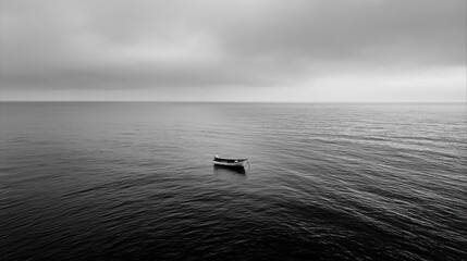 Poster - Tiny boat alone on a calm, monochrome ocean